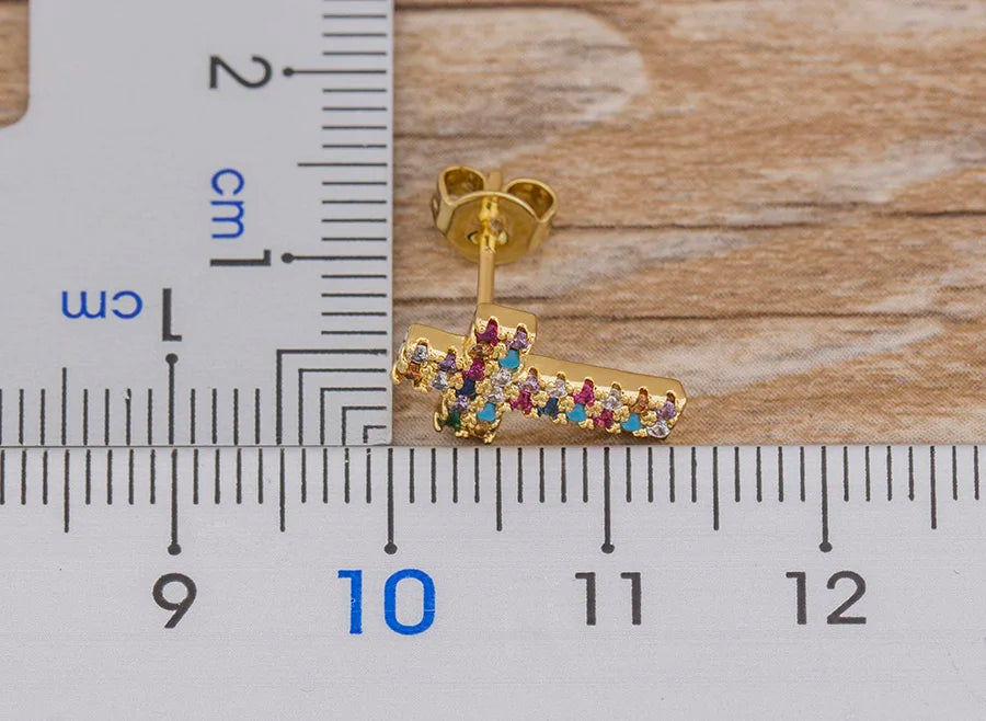 Rainbow Cross Gold Color Micro Paved CZ Earrings