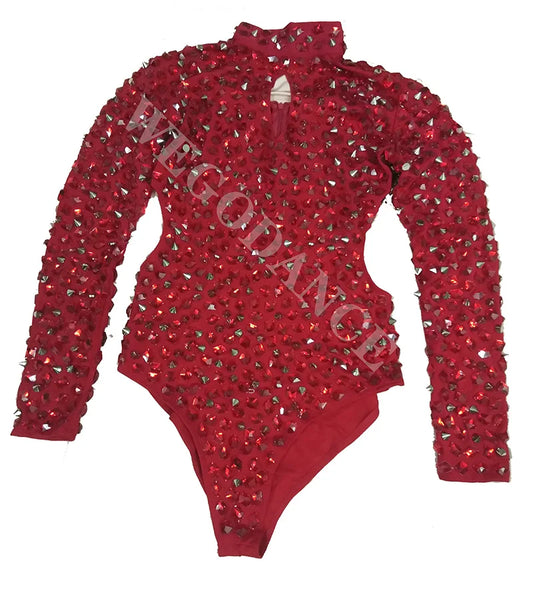 Red Rhinestone Rivet Long Sleeve Dance/Stage Performance Bodysuit