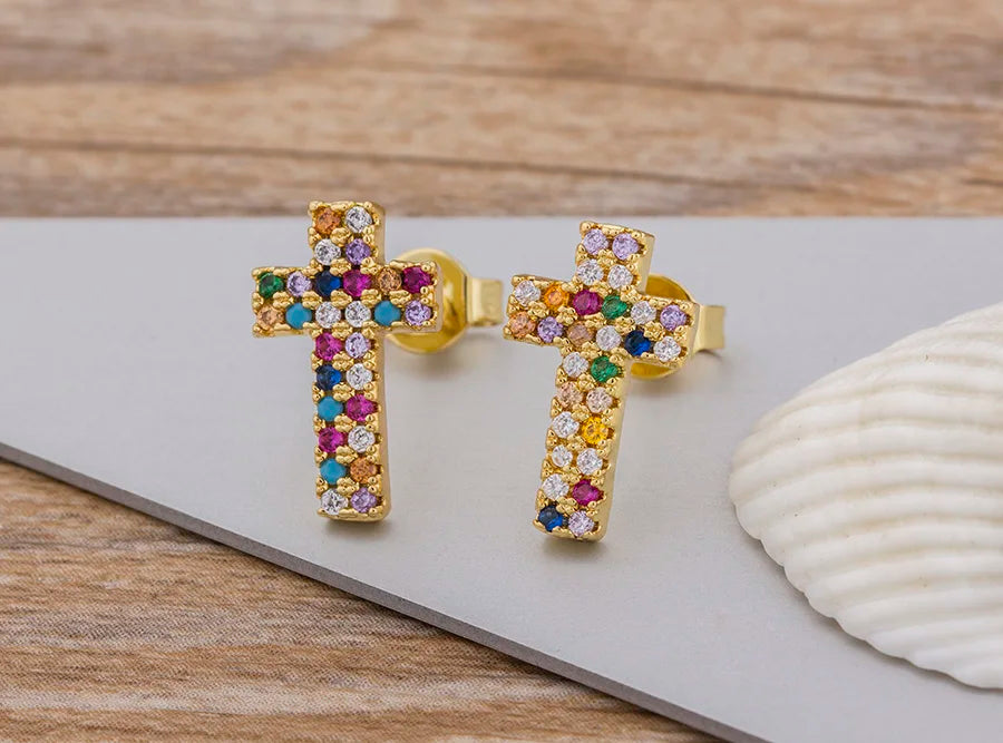 Rainbow Cross Gold Color Micro Paved CZ Earrings