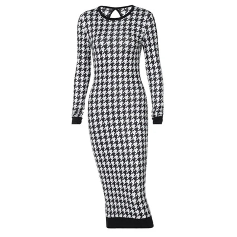 Black/White Houndstooth Print Long Sleeve Bodycon Streetwear Midi Dress