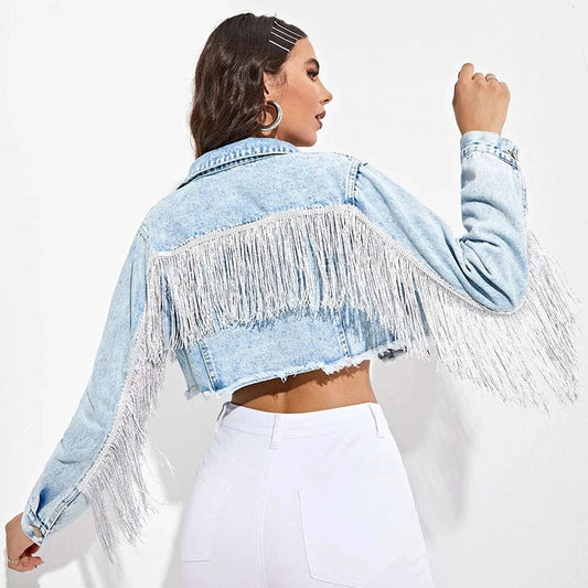Denim Light Blue Women's Tassel Fringe Long Sleeve Loose Streetwear Women’s Cropped Jean Jacket