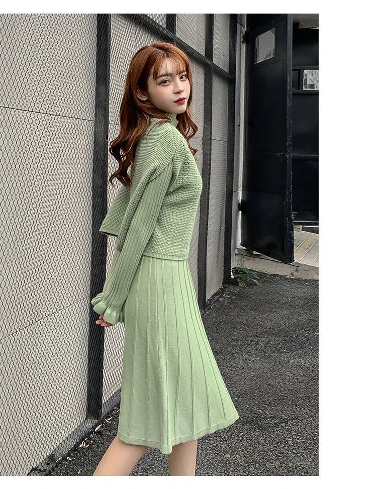 Solid Long Sleeve Pullover Sweater + Knitted Pleated Midi Skirt 2-Piece Set