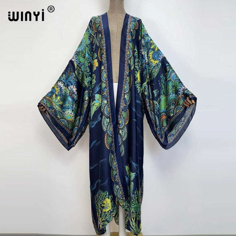 Bohemian African Batwing Sleeve Silk Maxi Cardigan Dress