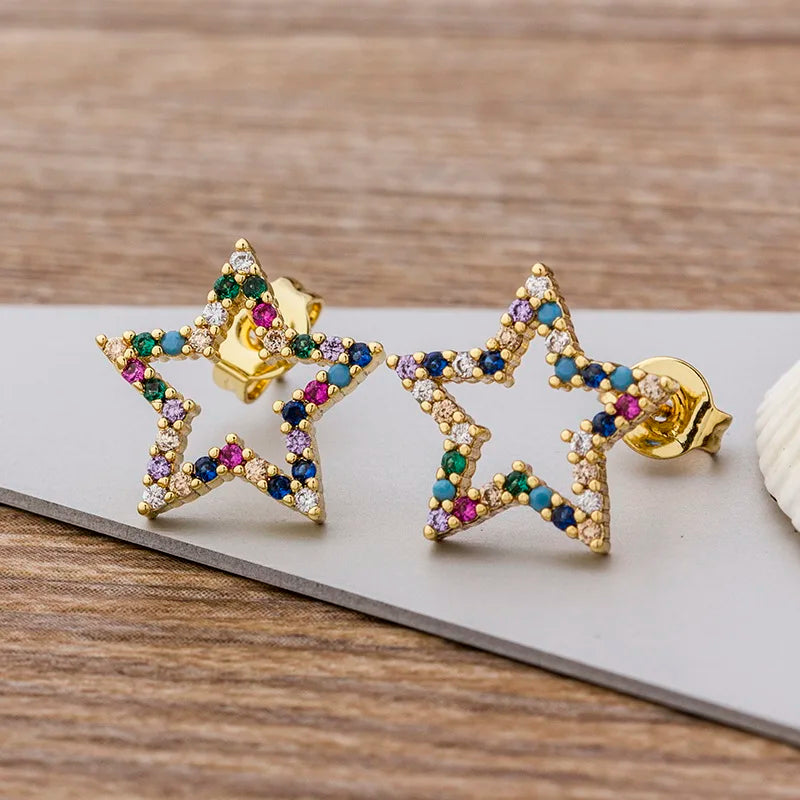 Rainbow Cross Gold Color Micro Paved CZ Earrings