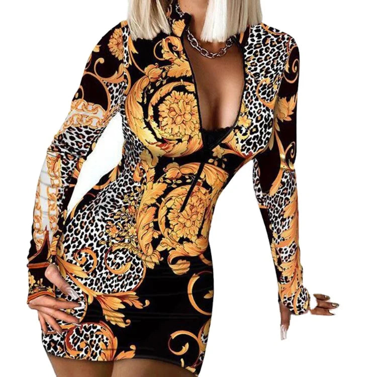 New Fashion Arrival Plus Size Women Long Sleeve Sexy Bodycon Deep V Neck Dress Slim Fit Elegant Print Evening Dress