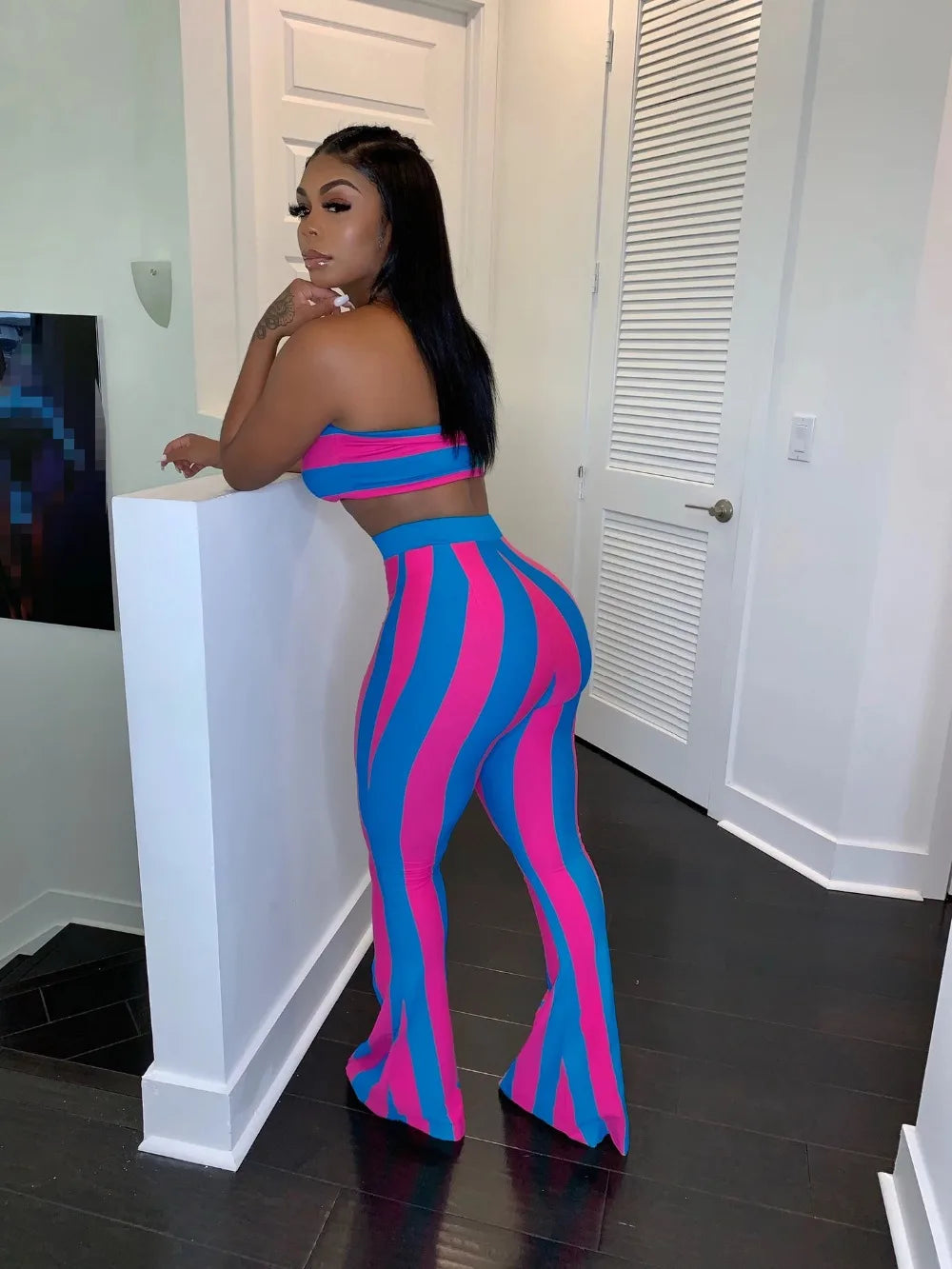 Sleeveless Striped Colorblock Tube Top+ Bodycon Flared Leggings Women's 2-Piece Set