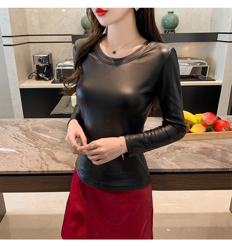 PU Leather O-Neck Colorblock/Solid Velvet Lined Long Sleeve Patchwork Elastic Women's Shirt to 4X Plus Size