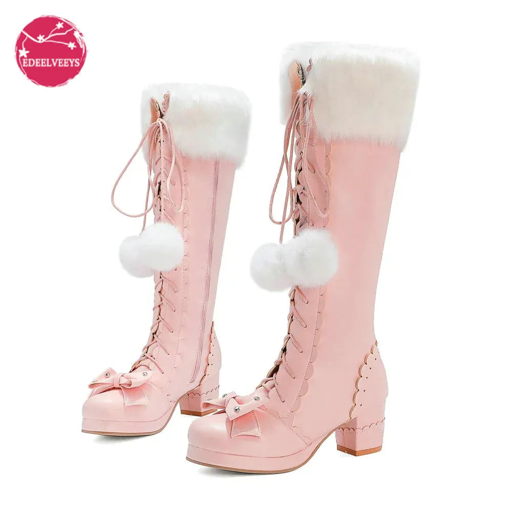 Bowtie PomPom Faux Fur Lace Up Thick Heel Side Zipper PU Leather Boots