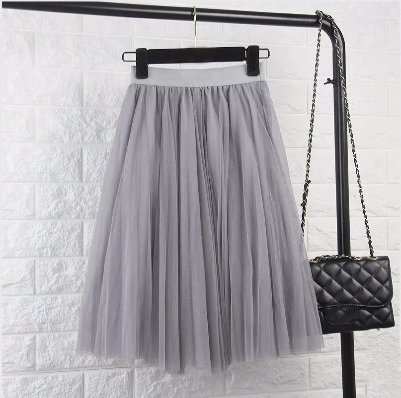 Mesh Elastic Waist Pleated Midi Tutu Skirt