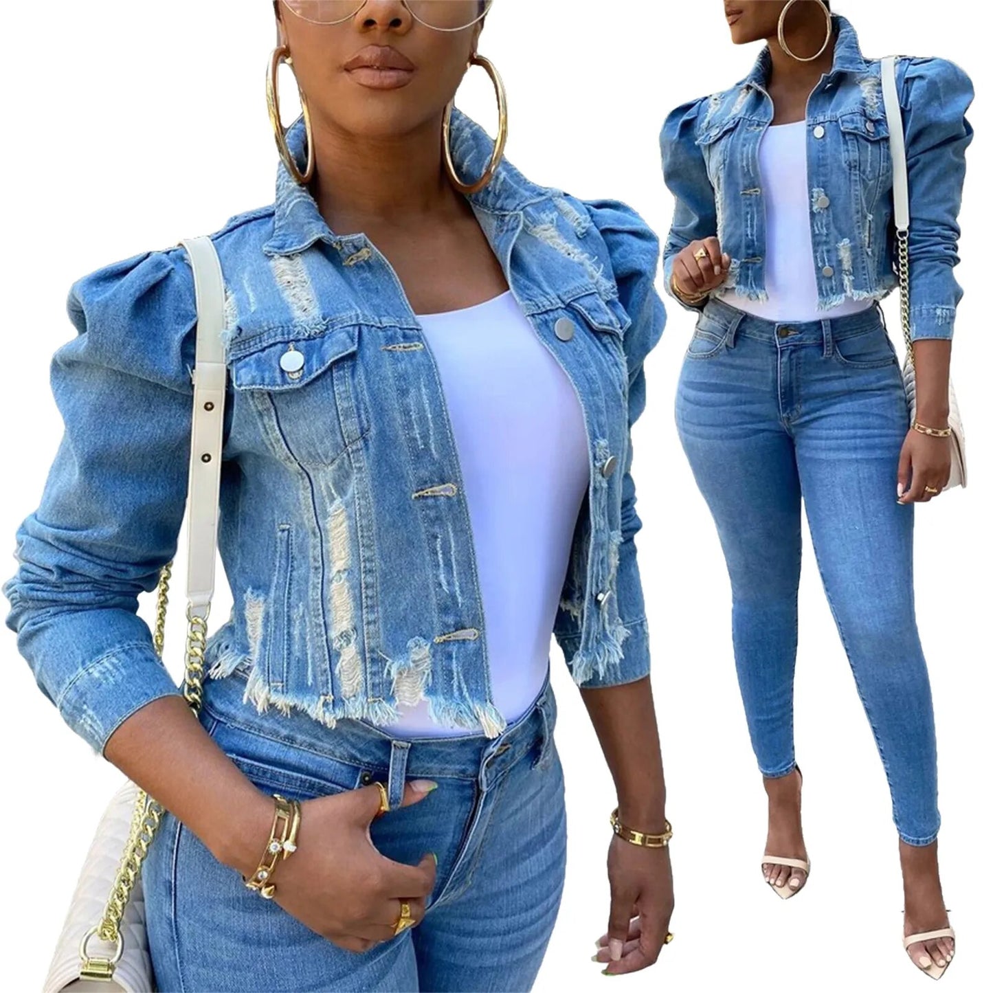 Puff Sleeve Women's Ripped Denim Button Down Cropped Jean Jacket