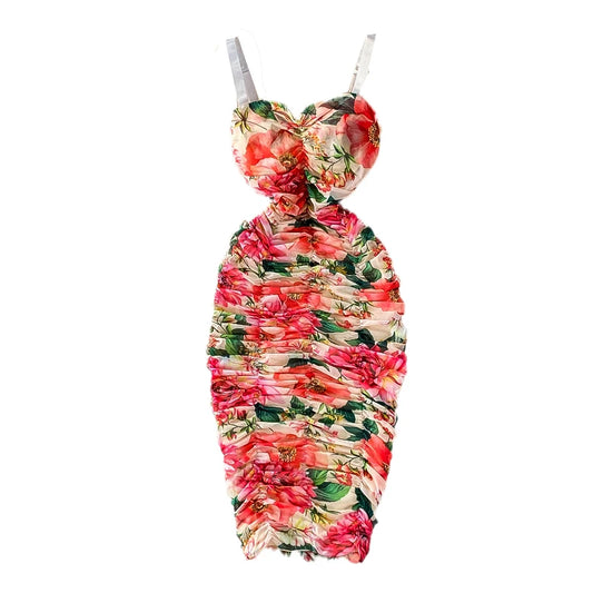 Ruched Rose Floral Print Spaghetti Strap Sheath Strapless Zipper Back Mini Party Dress