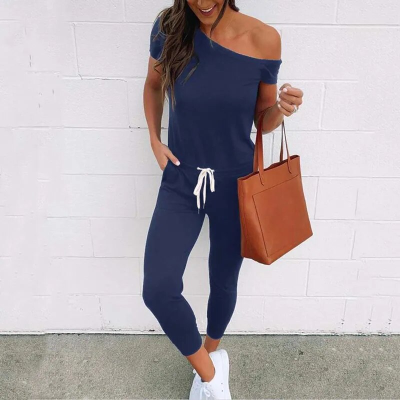 Off Shoulder Short Sleeve Drawstring Waist Jumpsuit