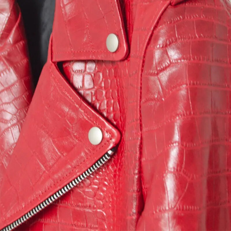 Crocodile Pattern Red Men's Faux Leather Zipper Biker Motorcycle Jacket