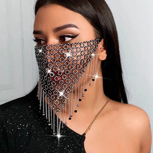 New Fashion Crystal Masquerade Mask Women Party Jewelry Fishing Net Metal Rhinestone Tassle Shining Face Mask