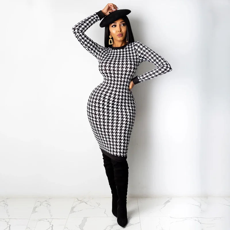Black/White Houndstooth Print Long Sleeve Bodycon Streetwear Midi Dress