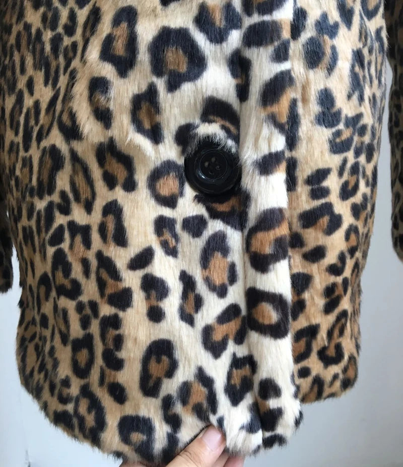 Leopard Faux Fur Turn-Down Collar Women's Coat