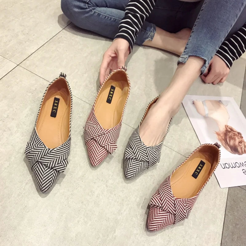 Bow Striped Geometric Pointed Toe Butterfly-Knot Ladies Flats