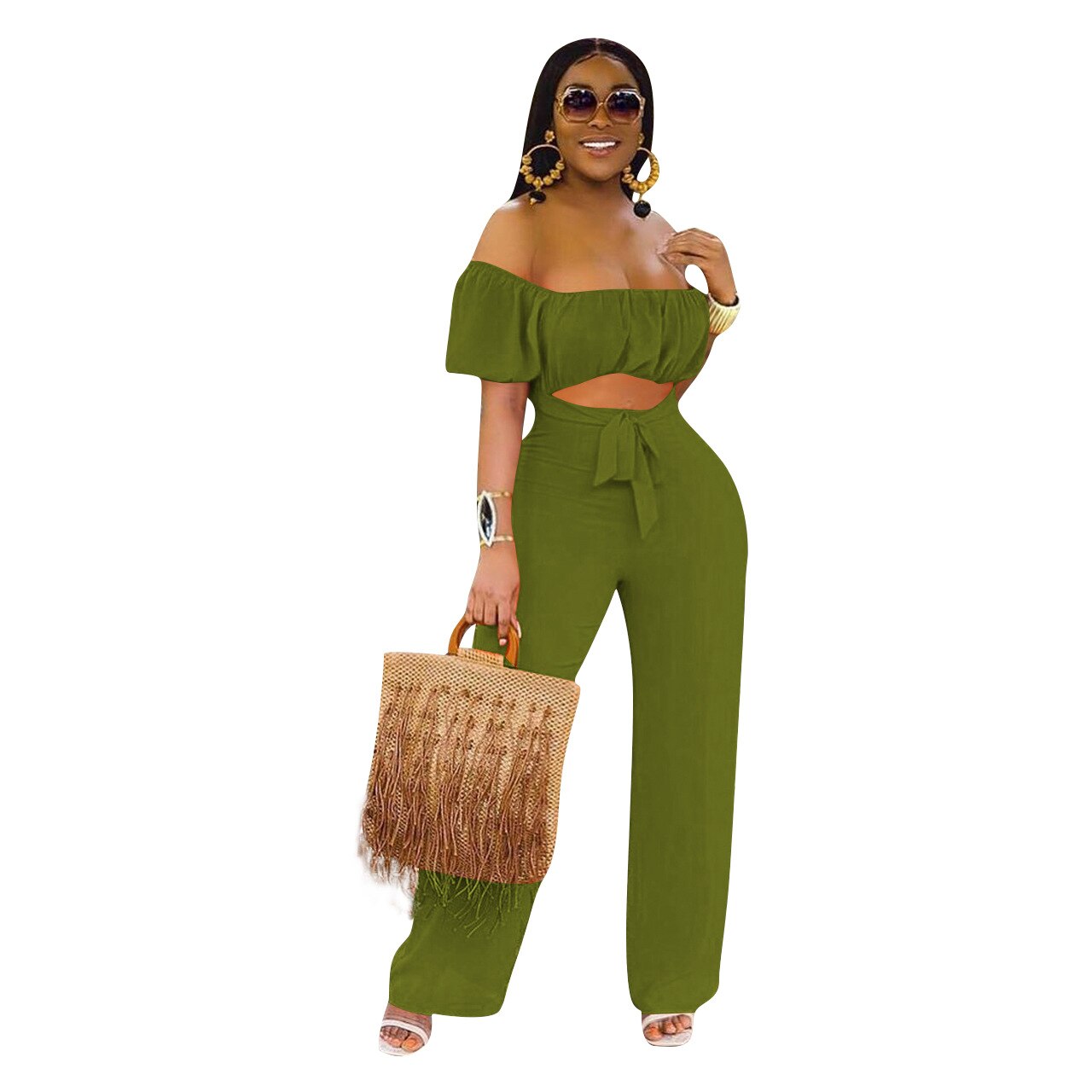 Crop Top Off Shoulder Short Sleeve High Waist Wide Leg Jumpsuit