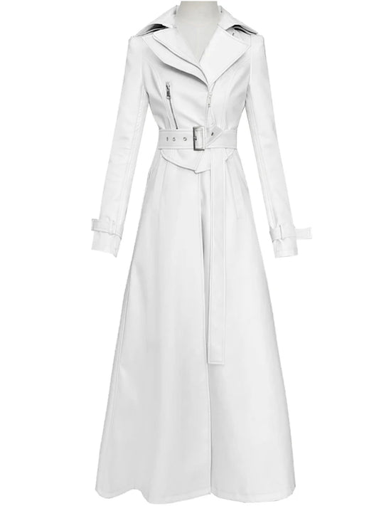 Solid PU Leather Women's Plus Size Turn-Down Collar Trenchcoat w/ Buckle Sash Belt to 7X Plus