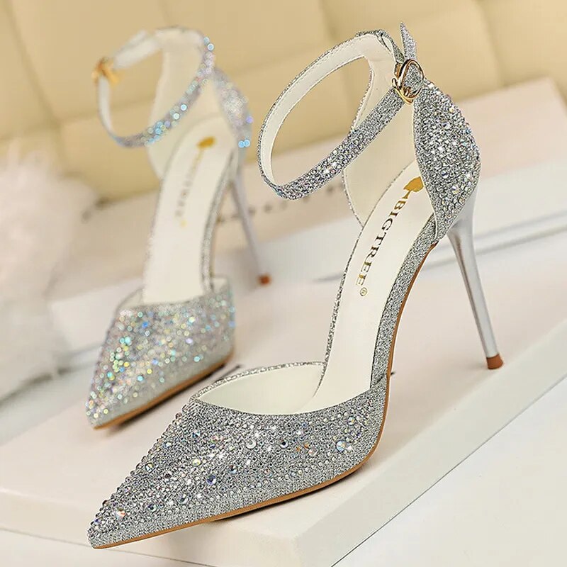 Rhinestone Sparkling Stiletto Heel Ankle Strap Sandal Pumps