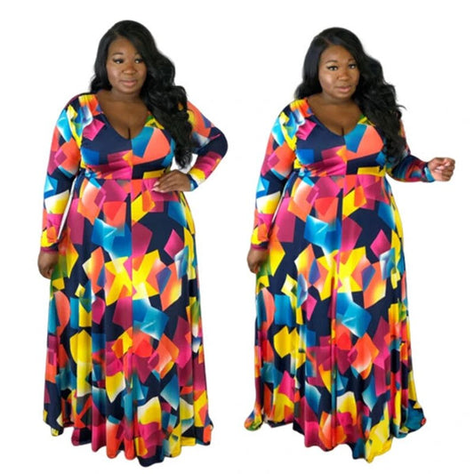 Geometric Multicolored Women's Long Sleeve V-Neck Maxi Dress to 5X