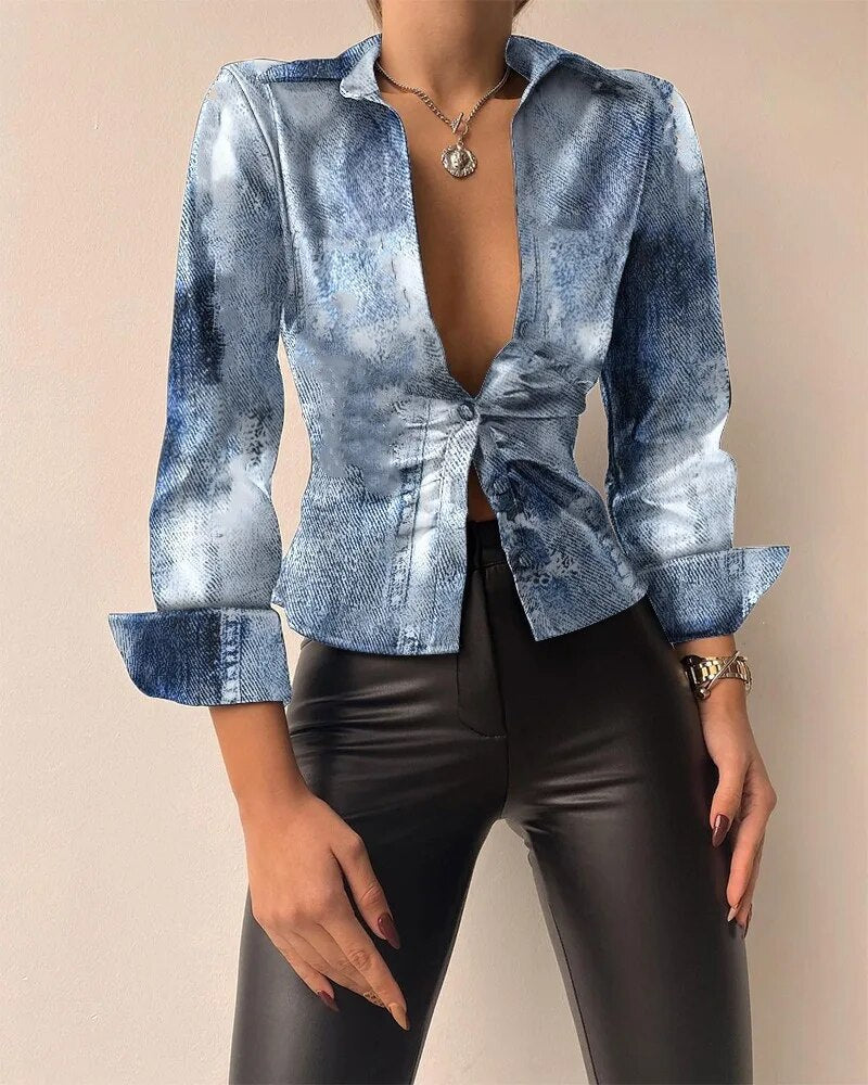 Faux Leather Turn-Down Collar Geometric/Plaid/Mock Denim/Houndstooth Print Deep V-Neck Blouse