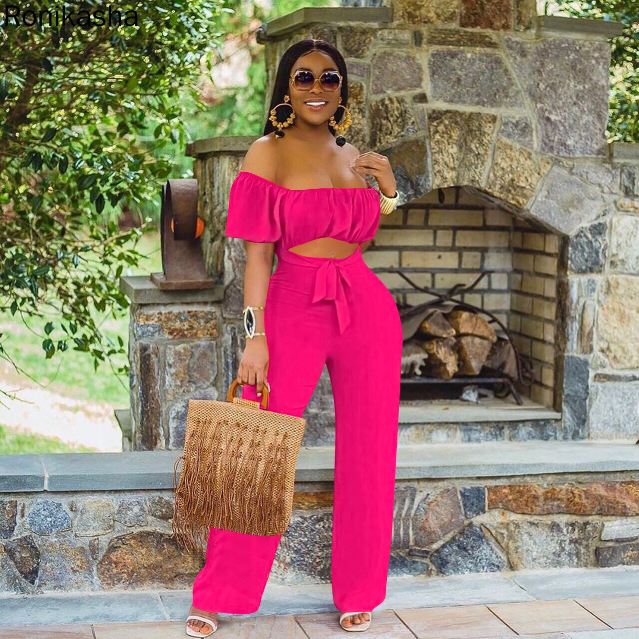 Crop Top Off Shoulder Short Sleeve High Waist Wide Leg Jumpsuit