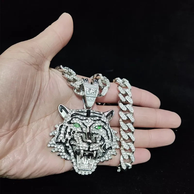3D Tiger Pendant Crystal Cuban Chain Hip-Hop Iced Out Bling Chain Necklace