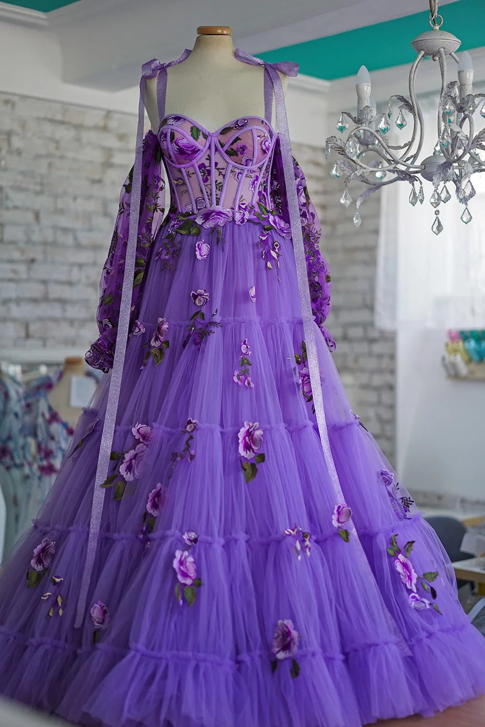 Purple Adjustable Strap Bowtie Tulle Layered Tulle Evening A-Line Floral Lace-Up Back Formal Dress