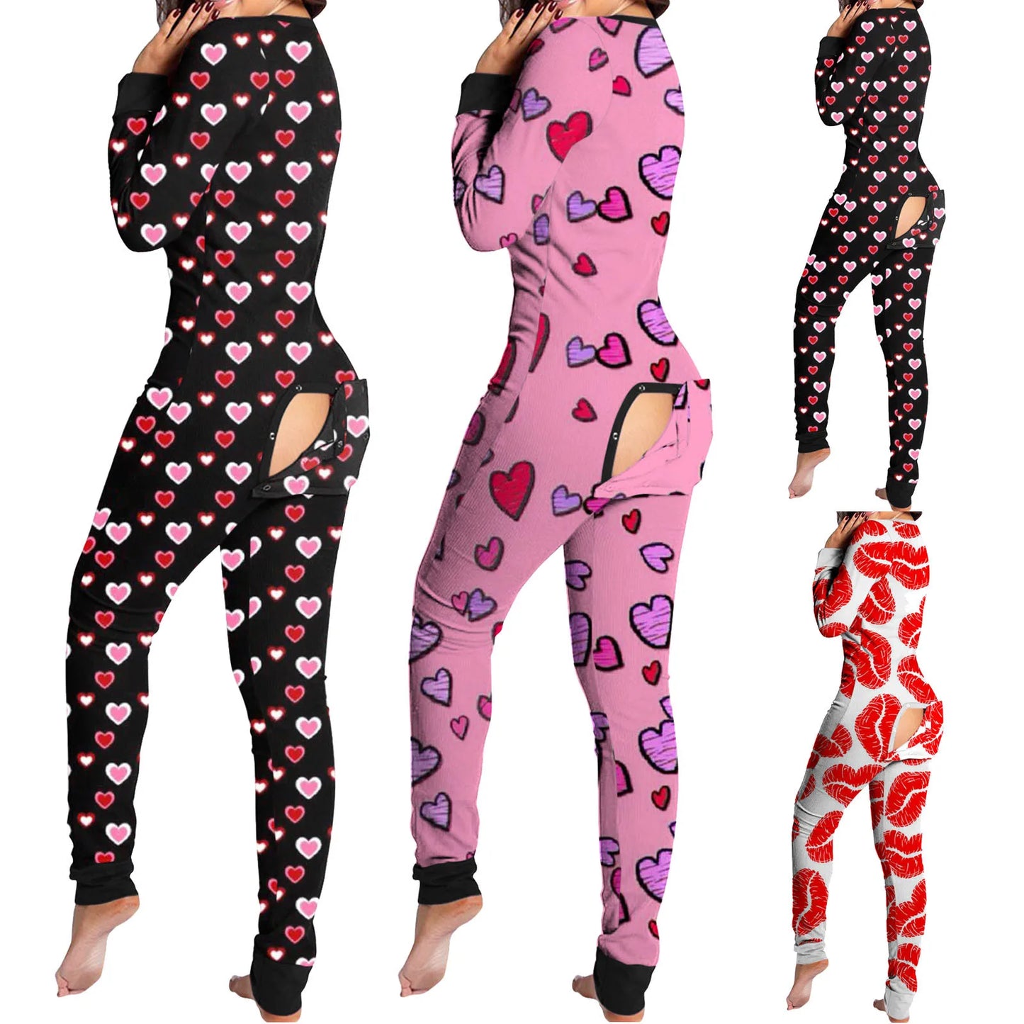 Women's Heart/Lip Print Long Sleeve One-Piece Button-Up Open Flap Back Onesie