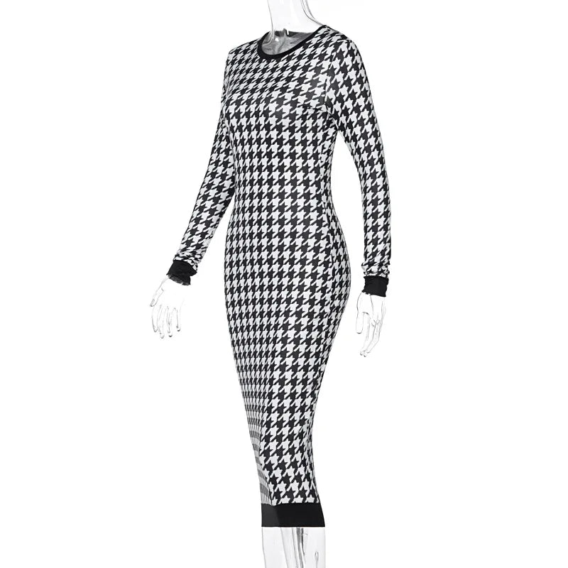Black/White Houndstooth Print Long Sleeve Bodycon Streetwear Midi Dress