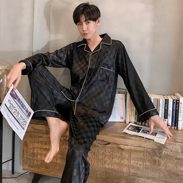 Men's Trousers Plaid High Quality Silky Pajamas Set