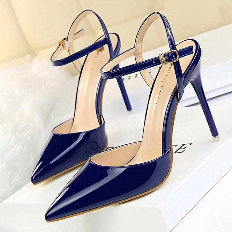 Patent Leather Stiletto Heel Buckle Strap Solid Color Sandal Pumps