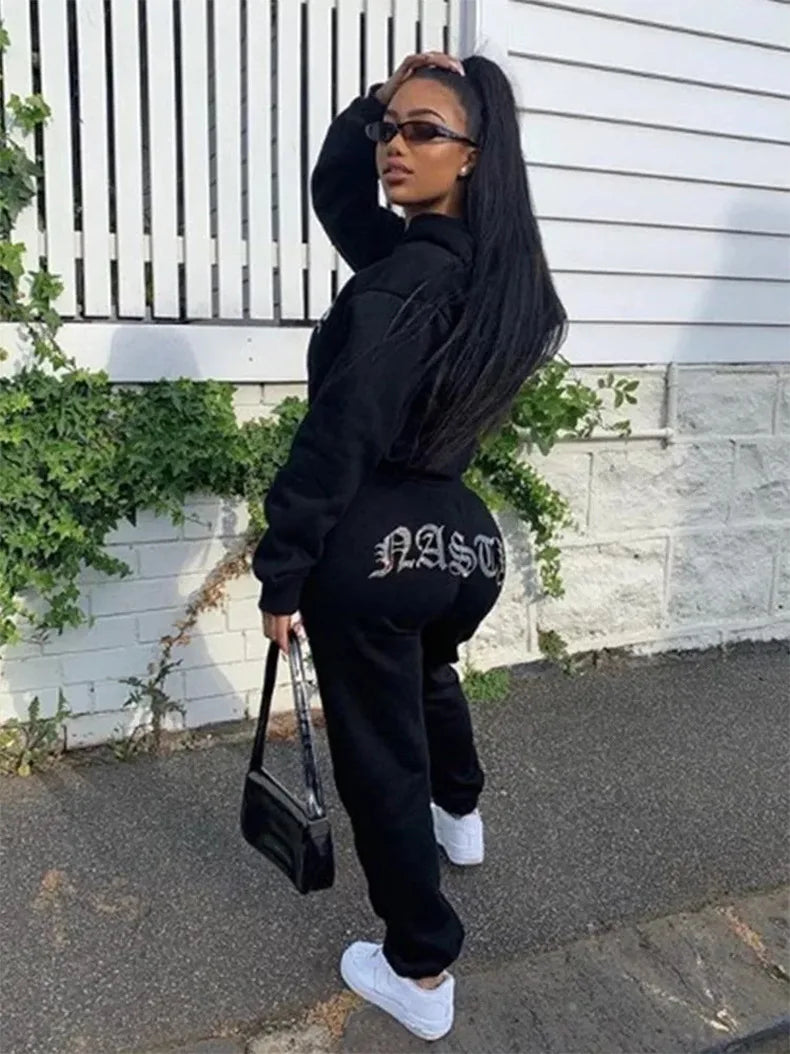 "NASTY" Women's High Waist Velvet Hoodie Tracksuit