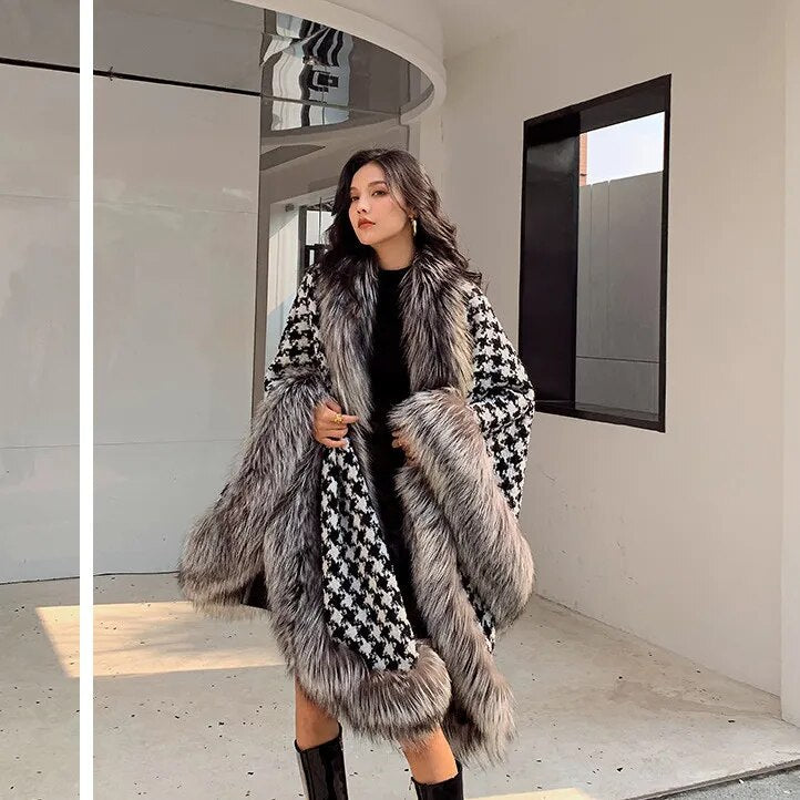 Faux Mink Fur Capes Houndstooth 2-Sided Cloak Cardigan Cape Shawl