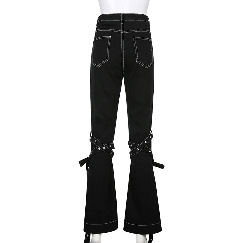 Streetwear Bandage Flare Leg Punk Aesthetics High Waist Denim Black Jeans