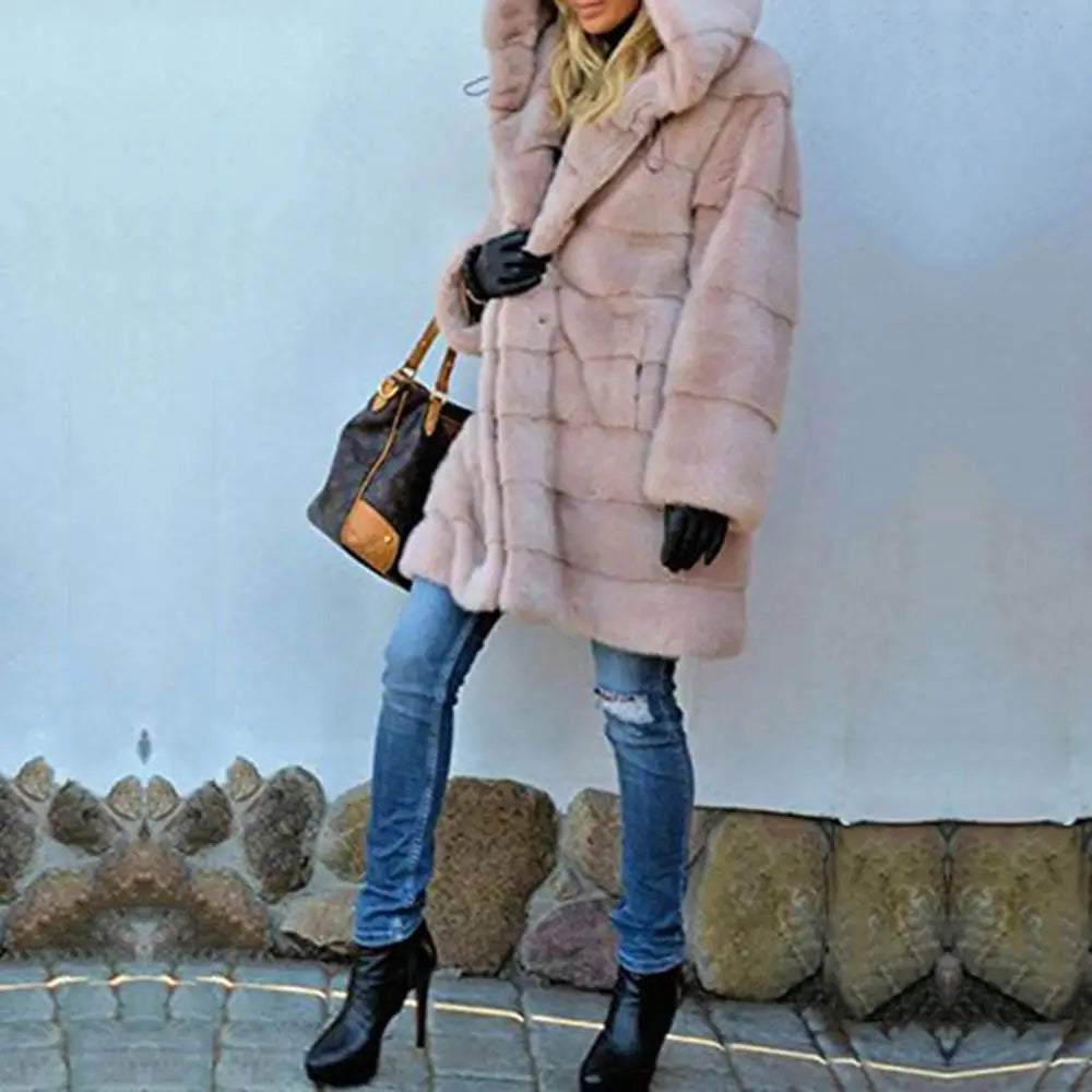 Women's Oversized Faux Fur Collar Hooded Long Coat to 5X