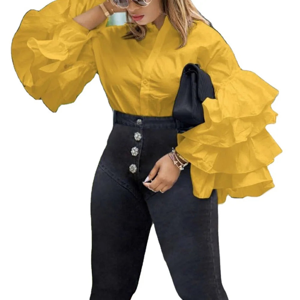 Solid Ruffle Long Butterfly Sleeve Stand Collar Plus Size Blouse