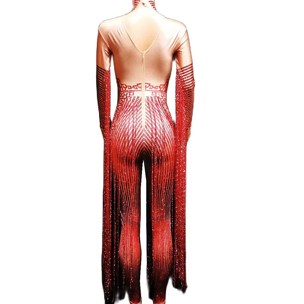 Tassel Fringe Design Red Rhinestone Long Sleeve Stretch Leotard Jumpsuit