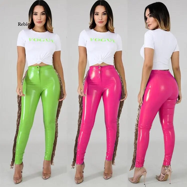 Tassel Design Solid Color Sequin Faux Leather Women's Skinny Pencil Pants