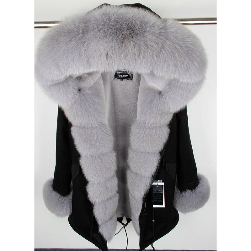 Colorblock Real Fur Oversized Collar Hip-Hop Design Women's Hooded Full Pelt Trenchcoat