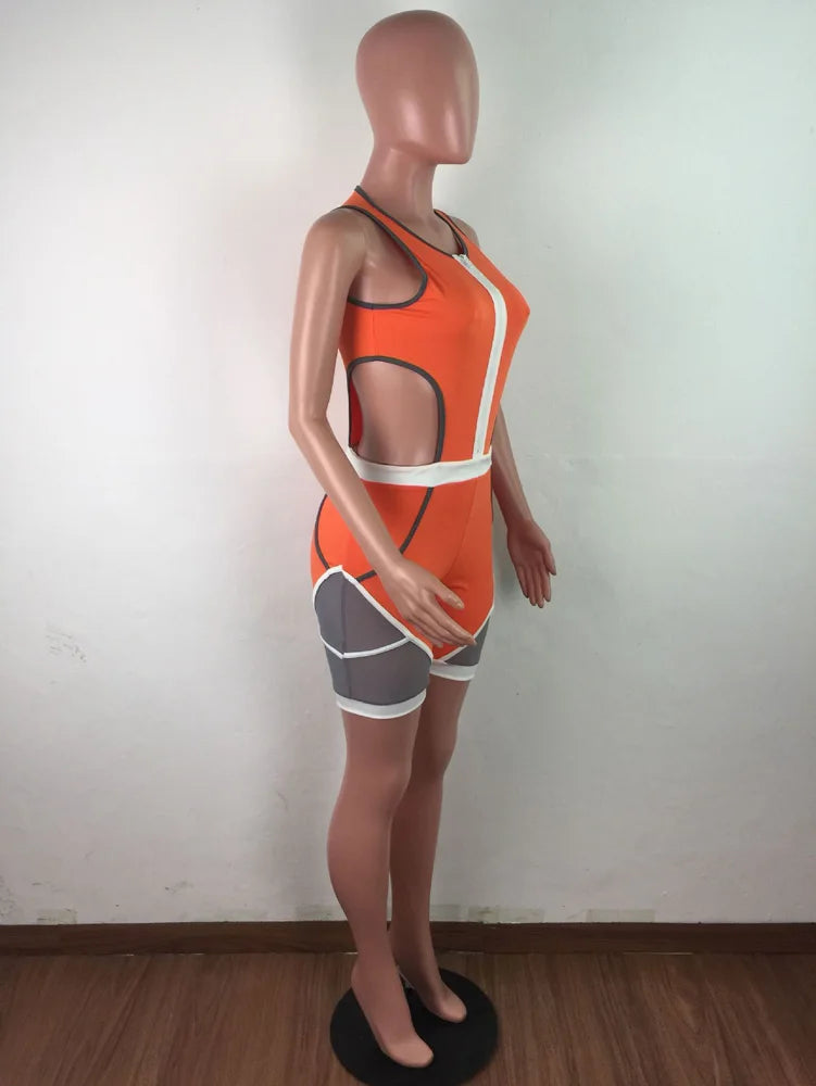 Colorblock Patchwork Sleeveless Bodycon Deep V-Neck Women's Fitness Workout Shorts Romper