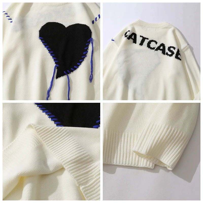 Heart Design Knitted Unisex Oversized Pullover Colorblock Sweater