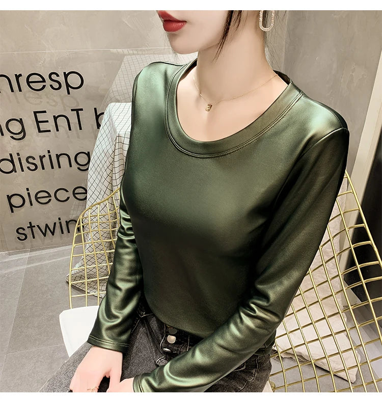 PU Leather O-Neck Colorblock/Solid Velvet Lined Long Sleeve Patchwork Elastic Women's Shirt to 4X Plus Size