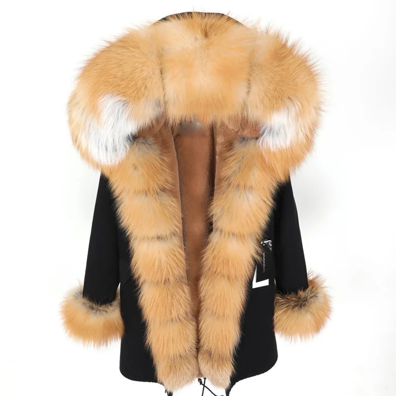 Colorblock Real Fur Oversized Collar Hip-Hop Design Women's Hooded Full Pelt Trenchcoat