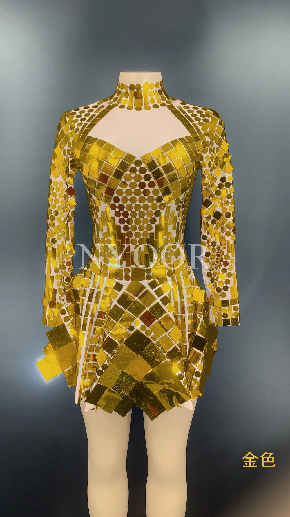 Sparkling Mirror Geometric Metallic Sequin Long Sleeve Formal Party Stage Performance Dress