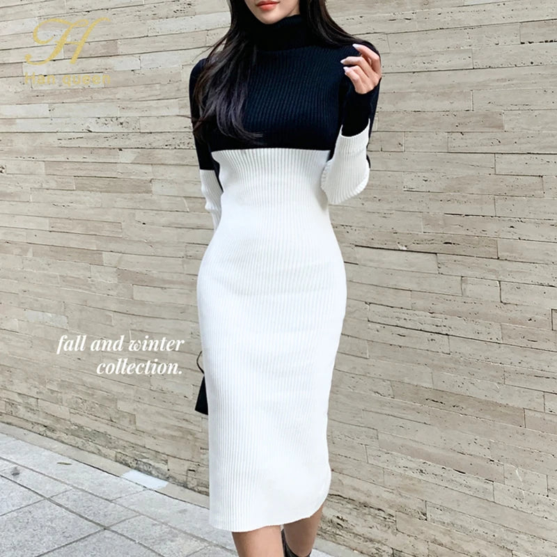 Black/White Patchwork Colorblock Turtleneck Knitted Long Sleeve Skinny Fit Midi Sweater Dress