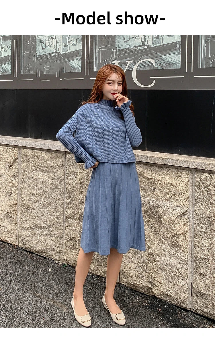 Solid Long Sleeve Pullover Sweater + Knitted Pleated Midi Skirt 2-Piece Set