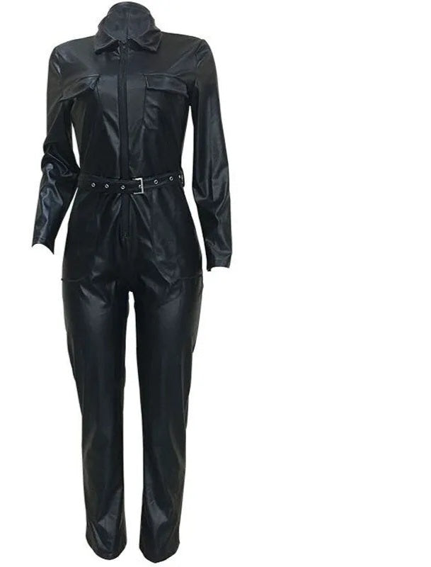 Black Faux Leather Deep V-Neck Skinny Zipper Front Jumpsuit