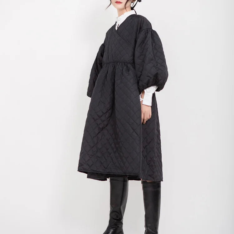 Retro Quilted Long Lantern Sleeve Embossed V-Neck Maxi Trench Dress